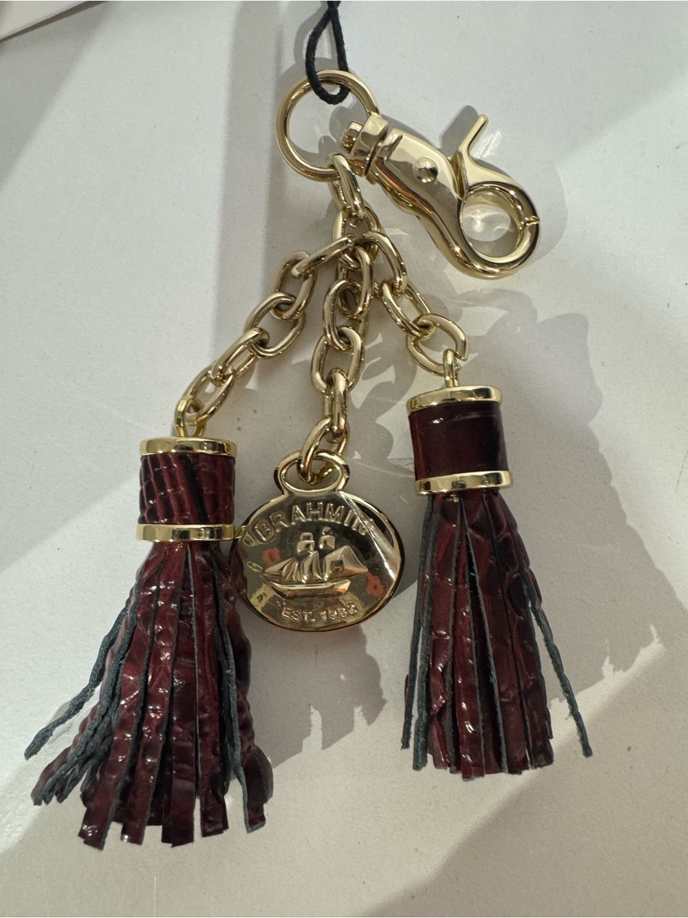 Brahmin Burgundy Tassel Key and Card Holder Charm with Gold Hardware